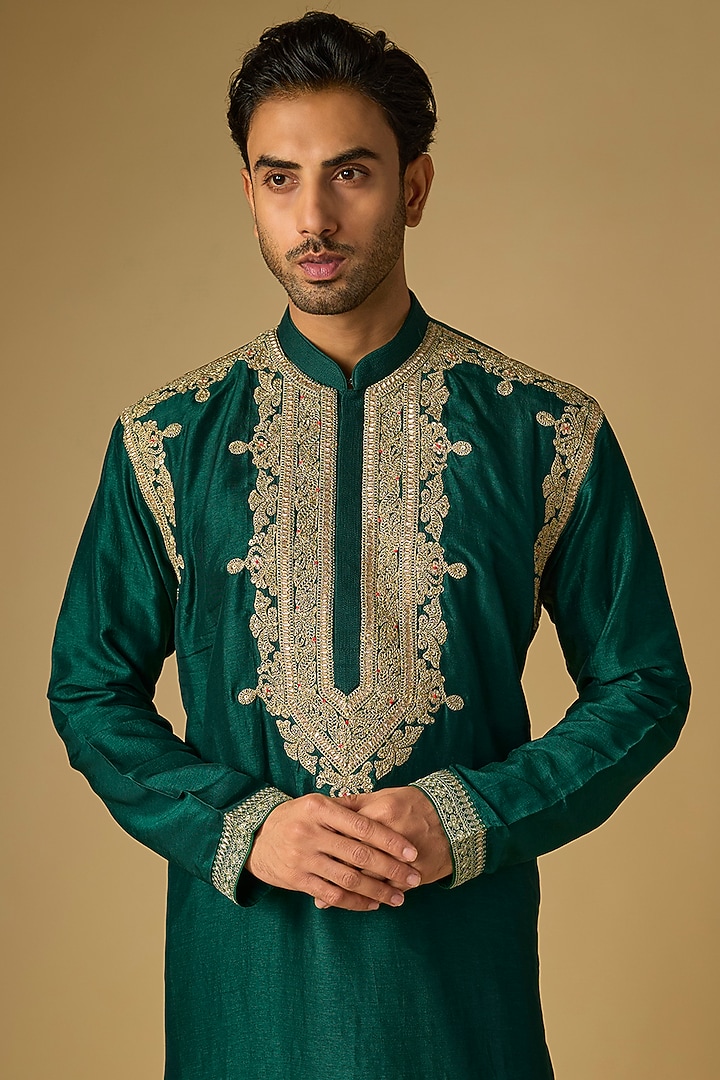 Emerald Green Tussar Silk Marodi & Gota Embroidered Kurta Set by Gopi Vaid Men at Pernia's Pop Up Shop