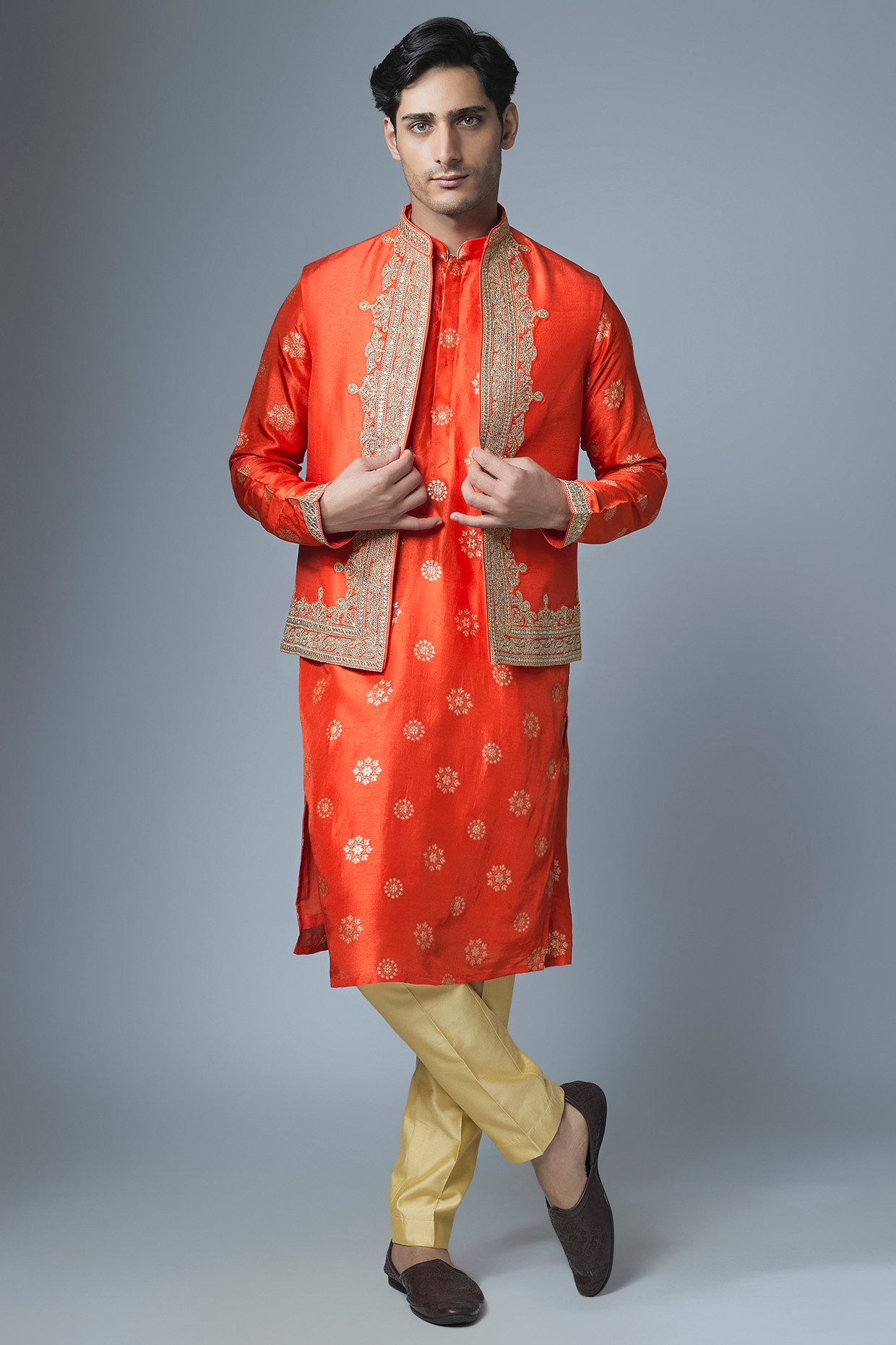 Gopi Vaid Orange Tussar Silk Marodi Embroidered Bundi Jacket Set