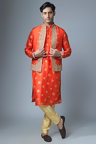 Orange Tussar Silk Marodi Embroidered Bundi Jacket Set by Gopi Vaid Men