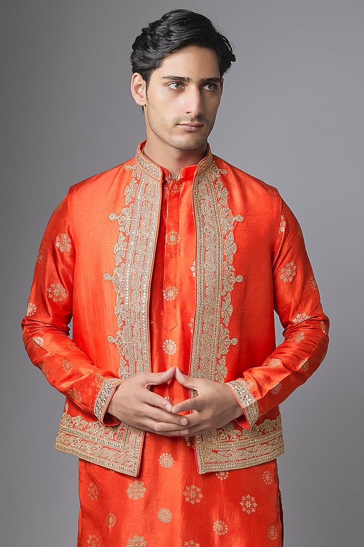 Orange Tussar Silk Marodi Embroidered Bundi Jacket Set by Gopi Vaid Men at Pernia's Pop Up Shop