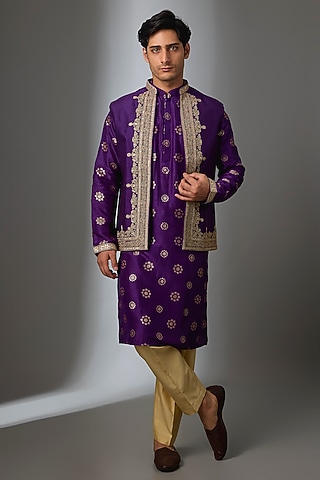 Purple Tussar Silk Marodi Embroidered Bundi Jacket Set by Gopi Vaid Men 