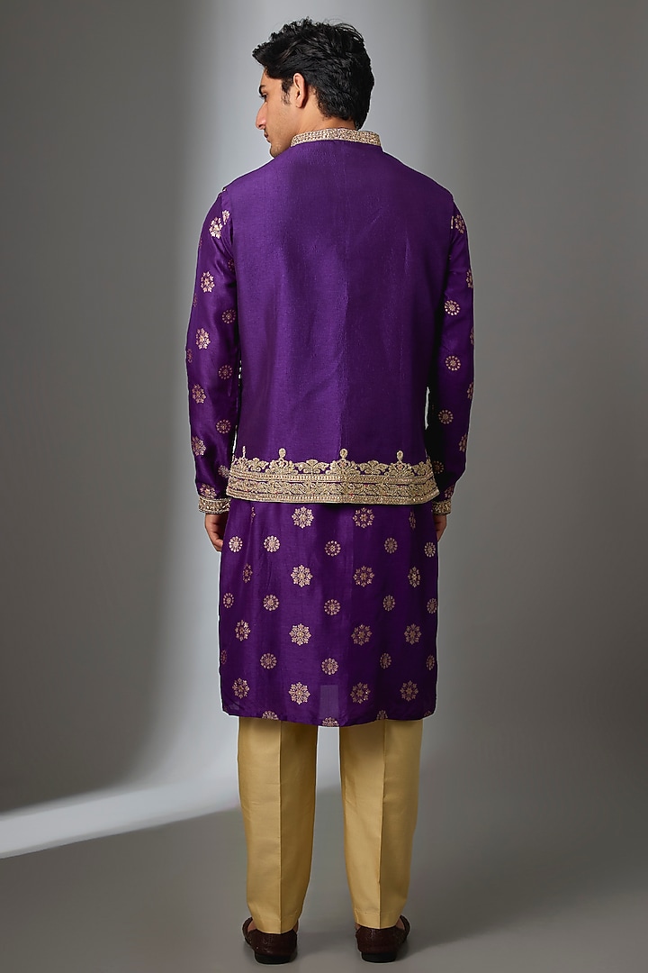 Purple Tussar Silk Marodi Embroidered Bundi Jacket Set by Gopi Vaid Men  at Pernia's Pop Up Shop