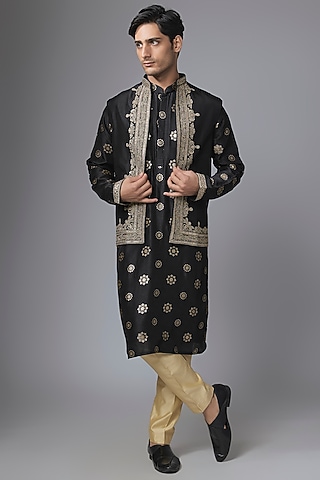 Black Tussar Silk Marodi Embroidered Bundi Jacket Set by Gopi Vaid Men
