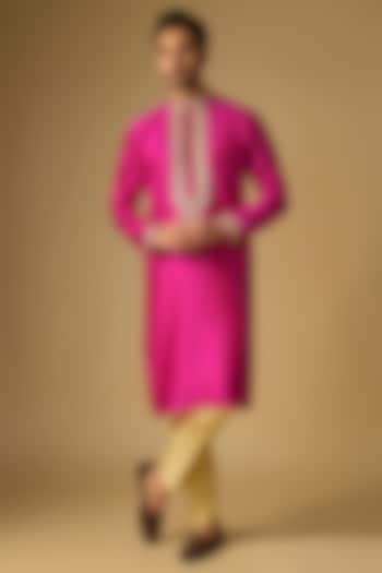Rani Pink Tussar Silk Gota Embroidered Kurta Set by Gopi Vaid Men at Pernia's Pop Up Shop