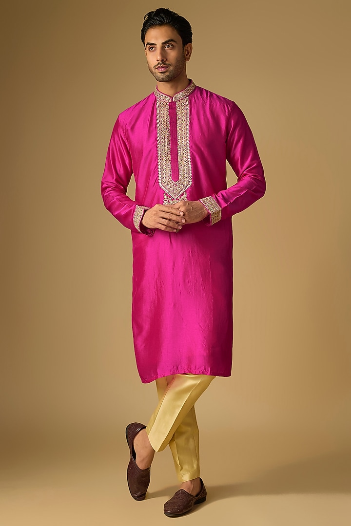 Rani Pink Tussar Silk Gota Embroidered Kurta Set by Gopi Vaid Men at Pernia's Pop Up Shop