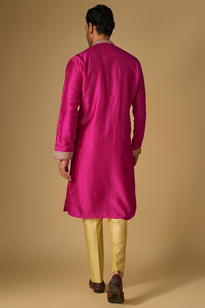 Rani Pink Tussar Silk Gota Embroidered Kurta Set by Gopi Vaid Men at Pernia's Pop Up Shop