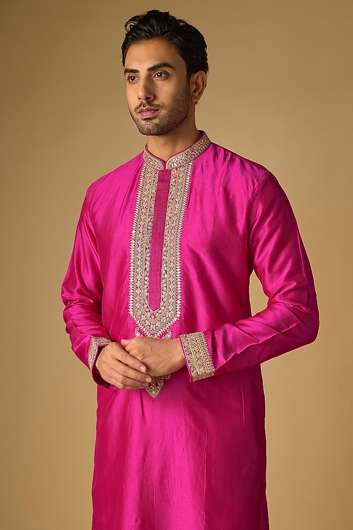 Rani Pink Tussar Silk Gota Embroidered Kurta Set by Gopi Vaid Men at Pernia's Pop Up Shop