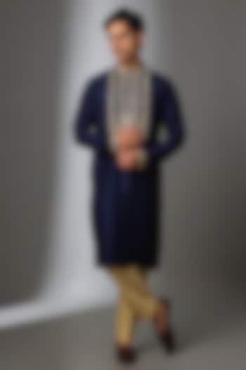 Navy Blue Tussar Silk Gota Embroidered Kurta Set by Gopi Vaid Men  at Pernia's Pop Up Shop