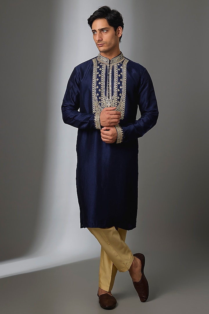 Navy Blue Tussar Silk Gota Embroidered Kurta Set by Gopi Vaid Men  at Pernia's Pop Up Shop