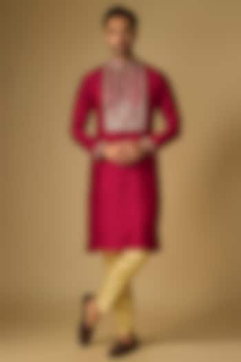 Red Tussar Silk Gota Embroidered Kurta Set by Gopi Vaid Men at Pernia's Pop Up Shop