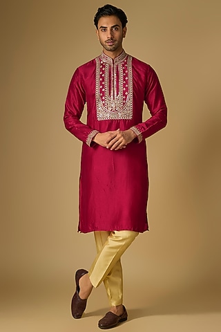 Red Tussar Silk Gota Embroidered Kurta Set by Gopi Vaid Men