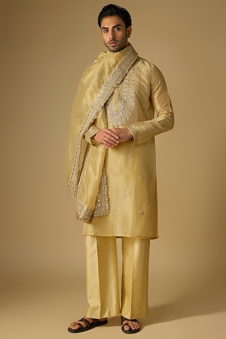 Gold Tissue Organza Marodi Work Kurta Set by Gopi Vaid Men at Pernia's Pop Up Shop