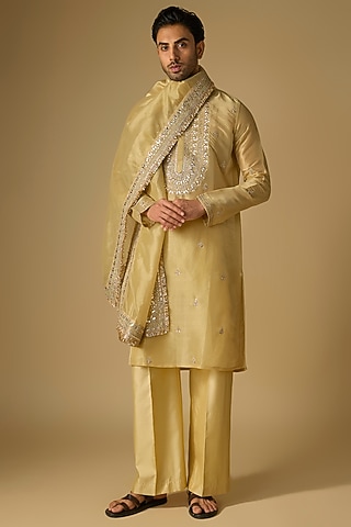 Gold Tissue Organza Marodi Work Kurta Set by Gopi Vaid Men