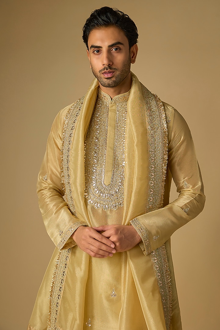 Gold Tissue Organza Marodi Work Kurta Set by Gopi Vaid Men at Pernia's Pop Up Shop