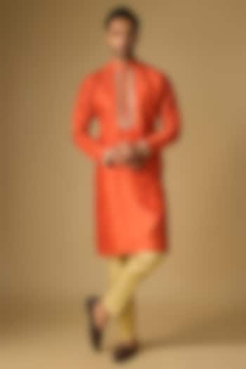 Orange Tussar Silk Gota Embroidered Kurta Set by Gopi Vaid Men at Pernia's Pop Up Shop