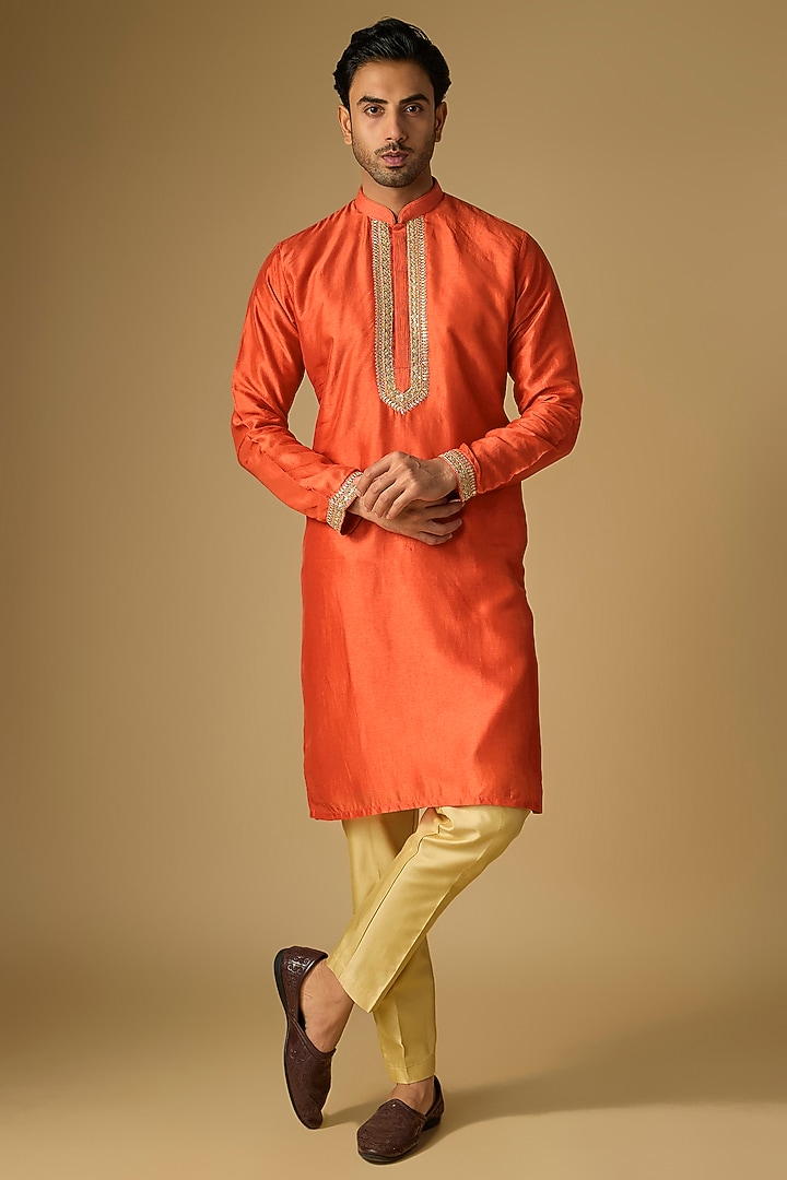 Orange Tussar Silk Gota Embroidered Kurta Set by Gopi Vaid Men at Pernia's Pop Up Shop
