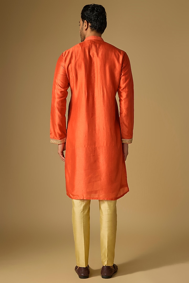 Orange Tussar Silk Gota Embroidered Kurta Set by Gopi Vaid Men at Pernia's Pop Up Shop