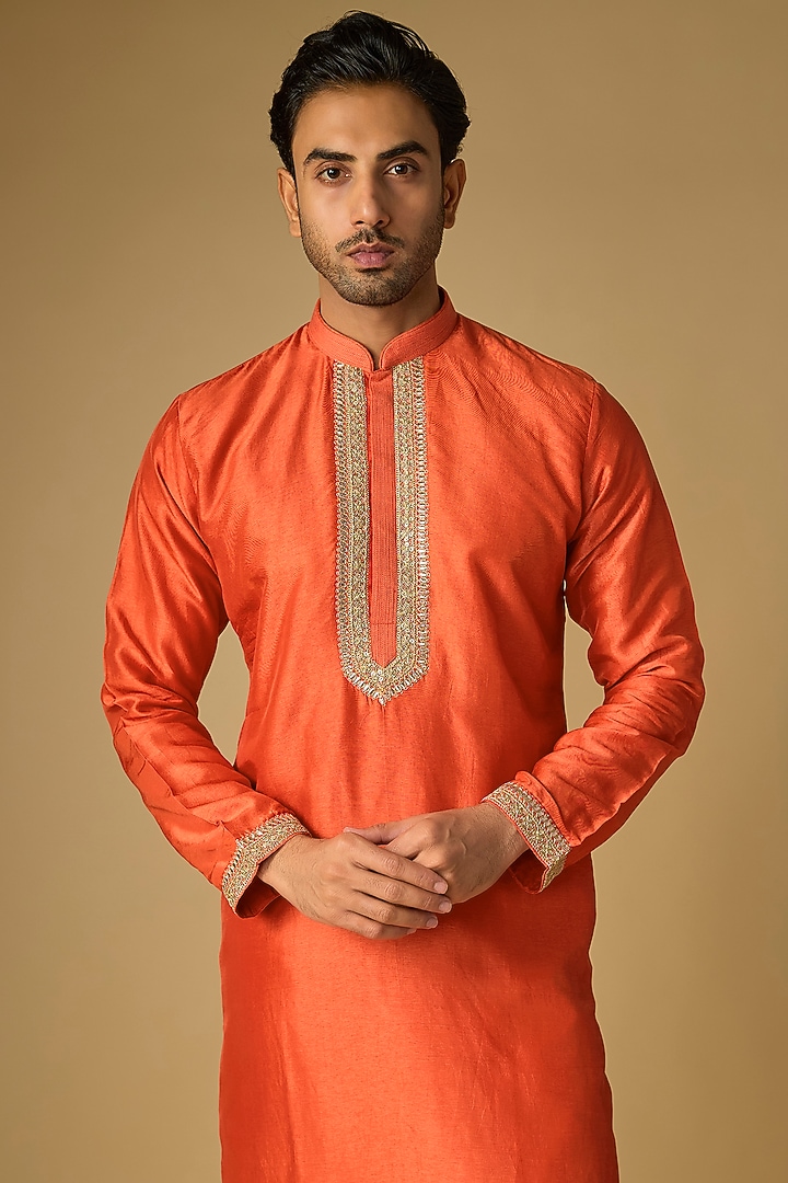Orange Tussar Silk Gota Embroidered Kurta Set by Gopi Vaid Men at Pernia's Pop Up Shop