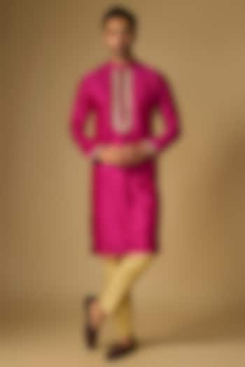 Rani Pink Tussar Silk Gota Embroidered Kurta Set by Gopi Vaid Men at Pernia's Pop Up Shop