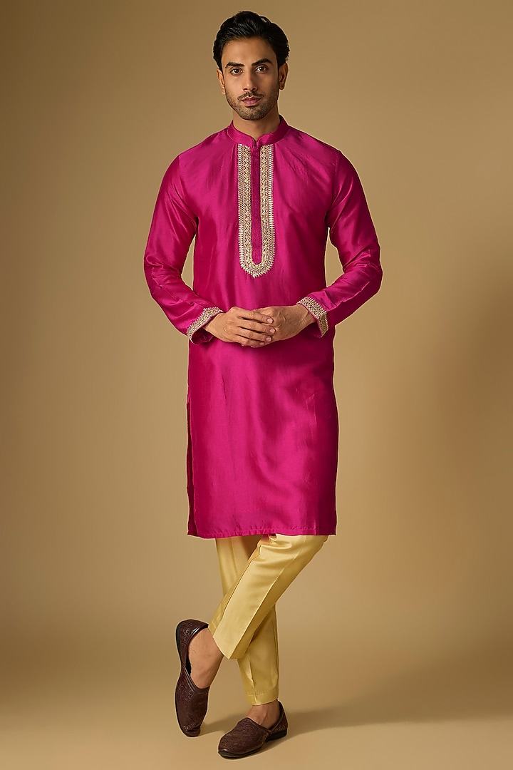 Rani Pink Tussar Silk Gota Embroidered Kurta Set by Gopi Vaid Men at Pernia's Pop Up Shop