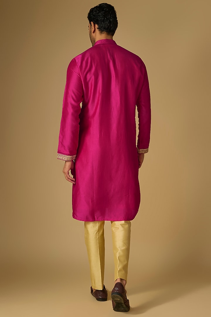 Rani Pink Tussar Silk Gota Embroidered Kurta Set by Gopi Vaid Men at Pernia's Pop Up Shop