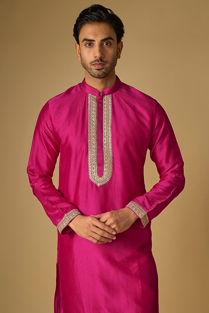 Rani Pink Tussar Silk Gota Embroidered Kurta Set by Gopi Vaid Men at Pernia's Pop Up Shop