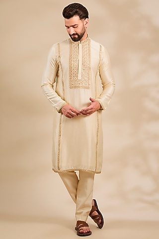 Ivory Tussar Silk Marodi Embroidered Kurta Set by Gopi Vaid Men
