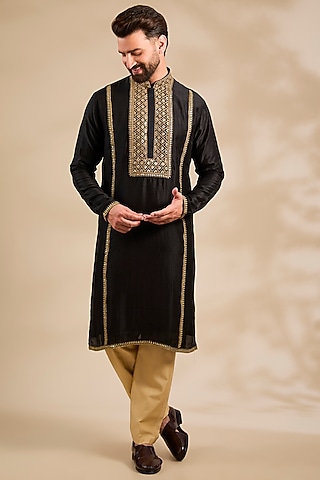 Black Tussar Silk Marodi Embroidered Kurta Set by Gopi Vaid Men