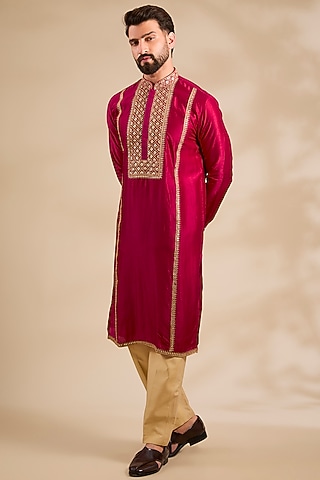 Red Tussar Silk Marodi Embroidered Kurta Set by Gopi Vaid Men