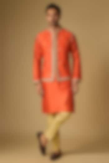 Rust Orange Tussar Silk Marodi Embroidered Bundi Jacket Set by Gopi Vaid Men at Pernia's Pop Up Shop