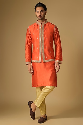 Rust Orange Tussar Silk Marodi Embroidered Bundi Jacket Set by Gopi Vaid Men