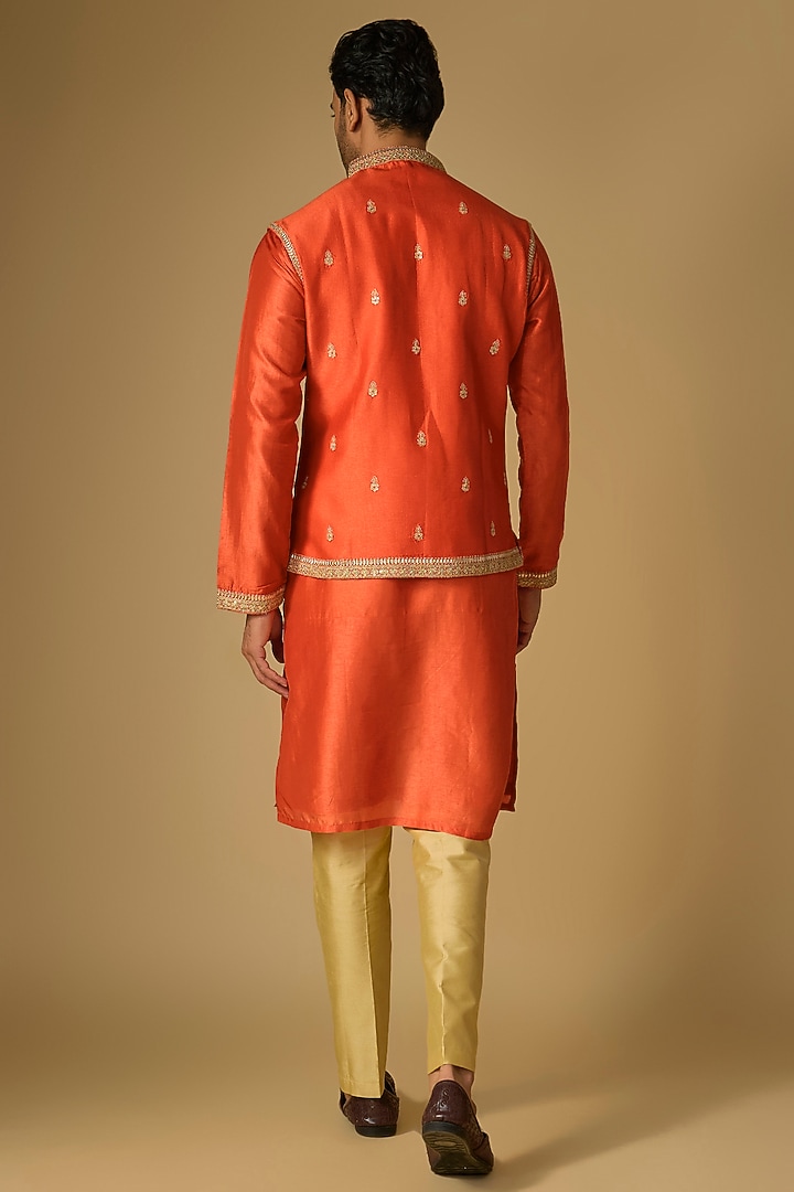 Rust Orange Tussar Silk Marodi Embroidered Bundi Jacket Set by Gopi Vaid Men at Pernia's Pop Up Shop
