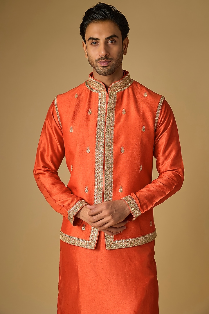 Rust Orange Tussar Silk Marodi Embroidered Bundi Jacket Set by Gopi Vaid Men at Pernia's Pop Up Shop