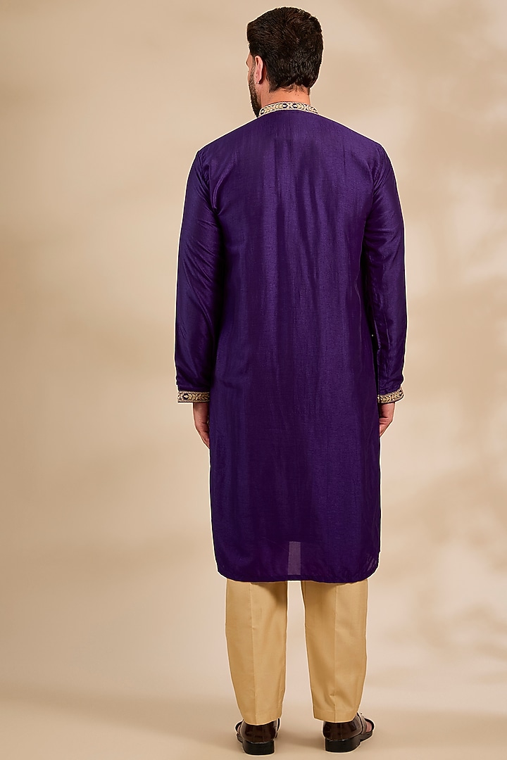 Purple Tussar Silk Marodi Embroidered Kurta Set by Gopi Vaid Men at Pernia's Pop Up Shop