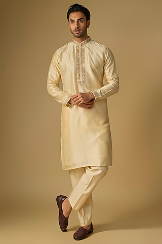 Ivory Tussar Silk Marodi Embroidered Kurta Set by Gopi Vaid Men