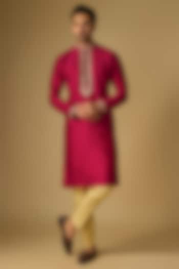 Red Tussar Silk Marodi Embroidered Kurta Set by Gopi Vaid Men at Pernia's Pop Up Shop