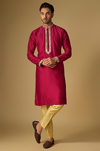 Red Tussar Silk Marodi Embroidered Kurta Set by Gopi Vaid Men