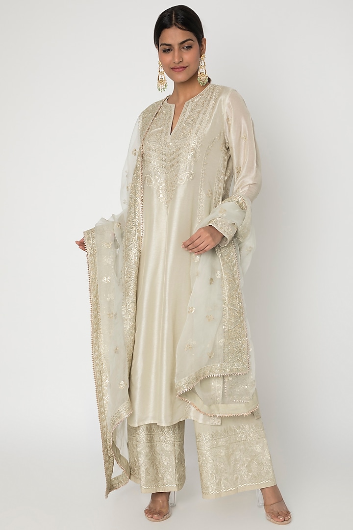 Beige Embroidered Kurta Set by GOPI VAID