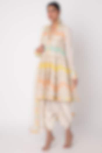 White chevron Embroidered A-line Kurta With Dhoti Pants by GOPI VAID