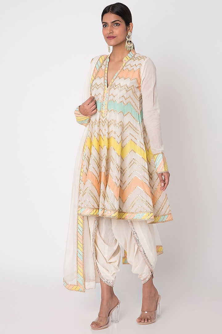 White chevron Embroidered A-line Kurta With Dhoti Pants by GOPI VAID