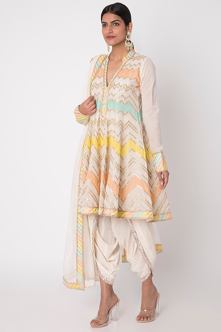 White chevron Embroidered A-line Kurta With Dhoti Pants by GOPI VAID at Pernia's Pop Up Shop