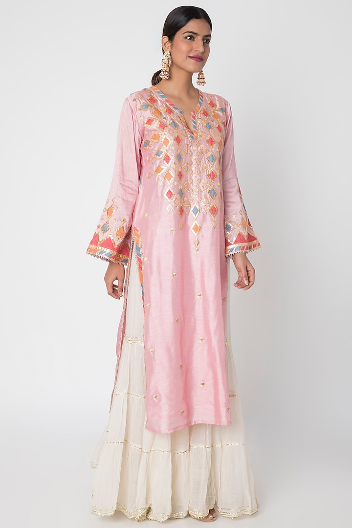 Pink Chanderi Thread Embroidered Tunic by GOPI VAID