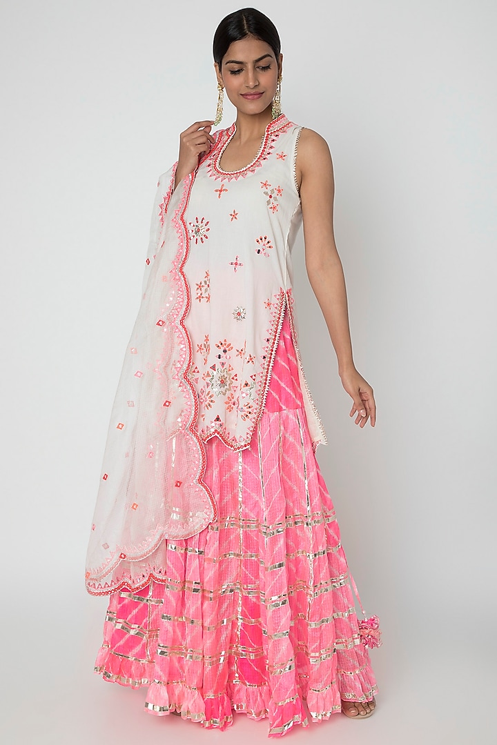 White & Pink Embroidered Leheriya Sharara Set by GOPI VAID