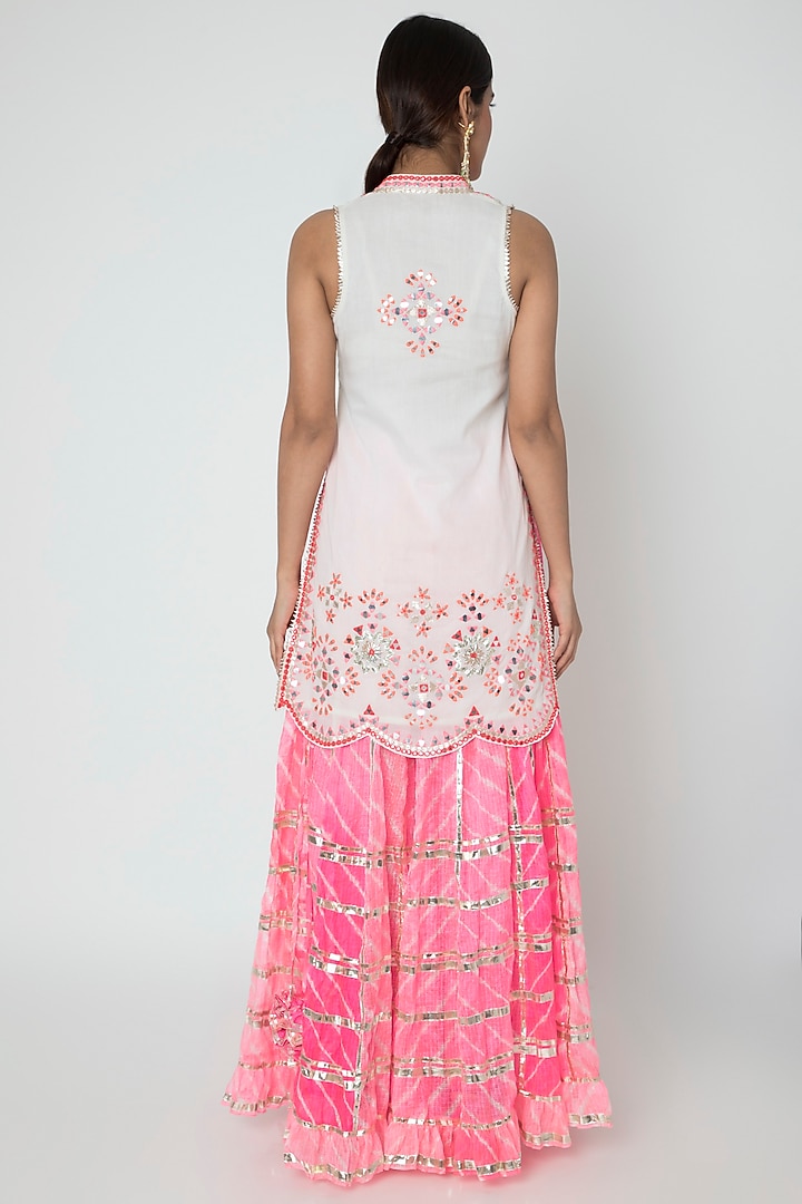 White & Pink Embroidered Leheriya Party Wear Sharara Set by GOPI VAID at Pernia's Pop Up Shop