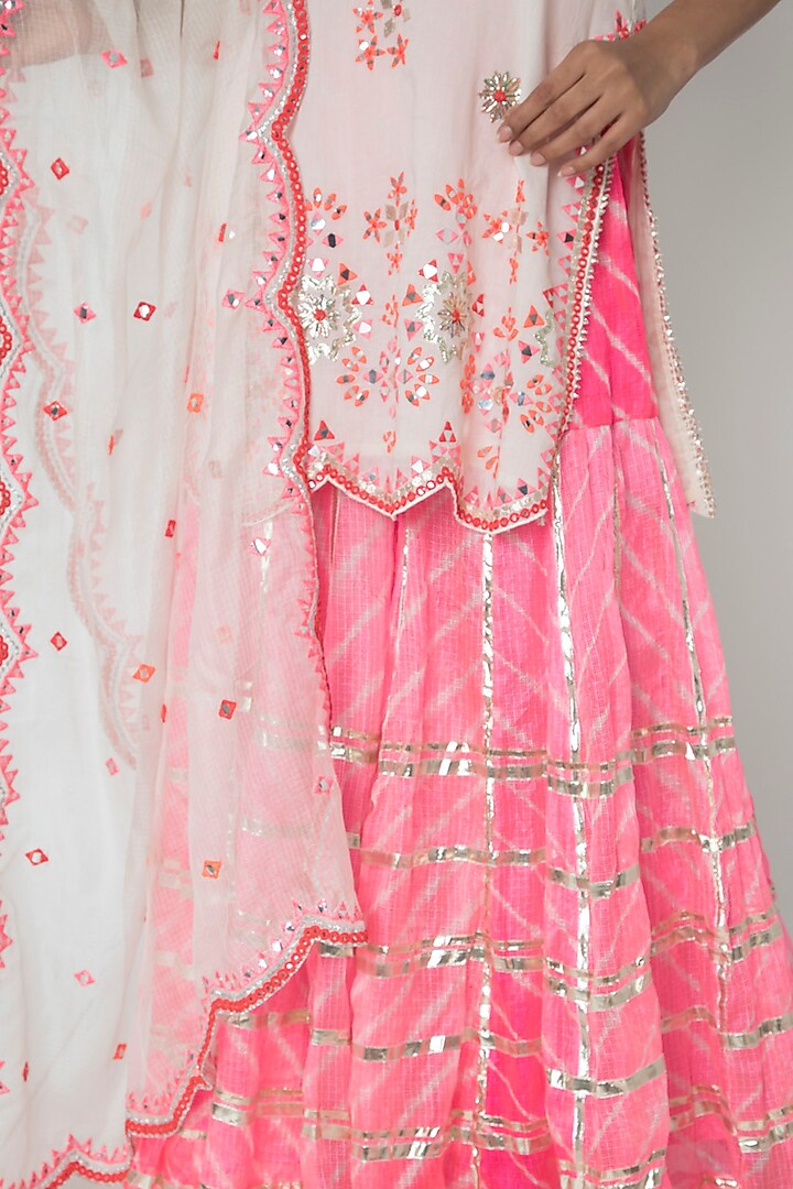 White & Pink Embroidered Leheriya Party Wear Sharara Set by GOPI VAID at Pernia's Pop Up Shop