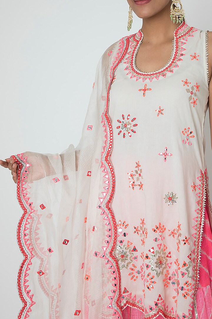 White & Pink Embroidered Leheriya Party Wear Sharara Set by GOPI VAID at Pernia's Pop Up Shop
