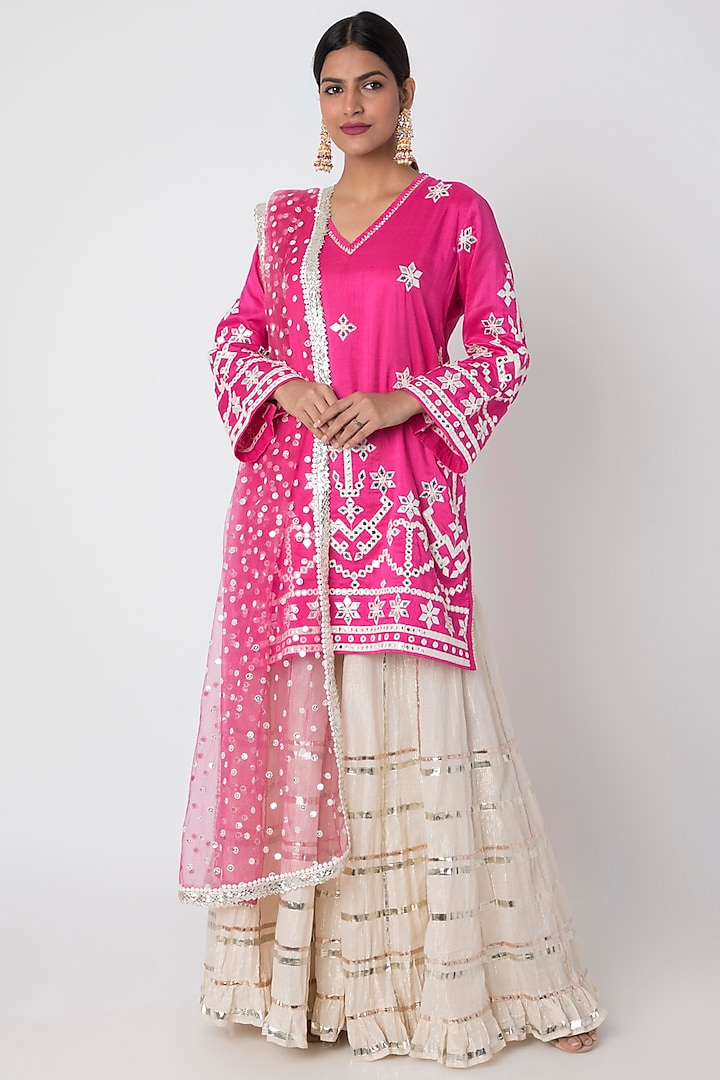 Rani Pink Embroidered Leheriya Sharara Set by GOPI VAID