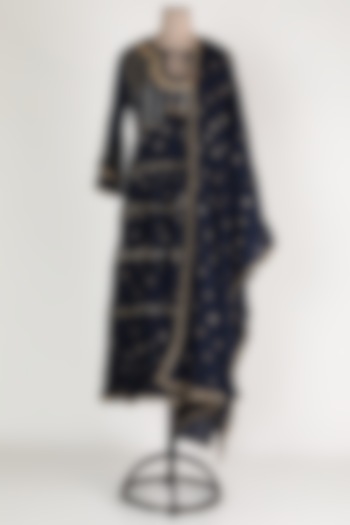 Dark Blue Embroidered Wedding Anarkali Set by GOPI VAID at Pernia's Pop Up Shop