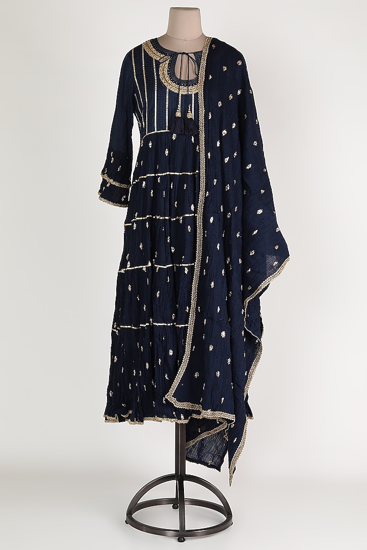 Dark Blue Embroidered Wedding Anarkali Set by GOPI VAID at Pernia's Pop Up Shop