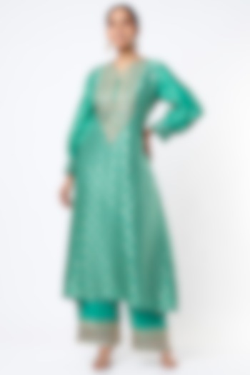 Medium Turquoise Embroidered Kaftan Set by GOPI VAID